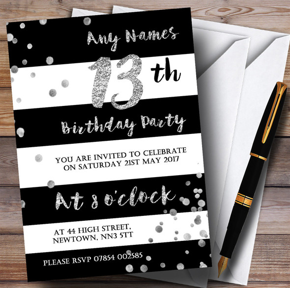 Black White Silver Confetti 13th Personalised Birthday Party Invitations