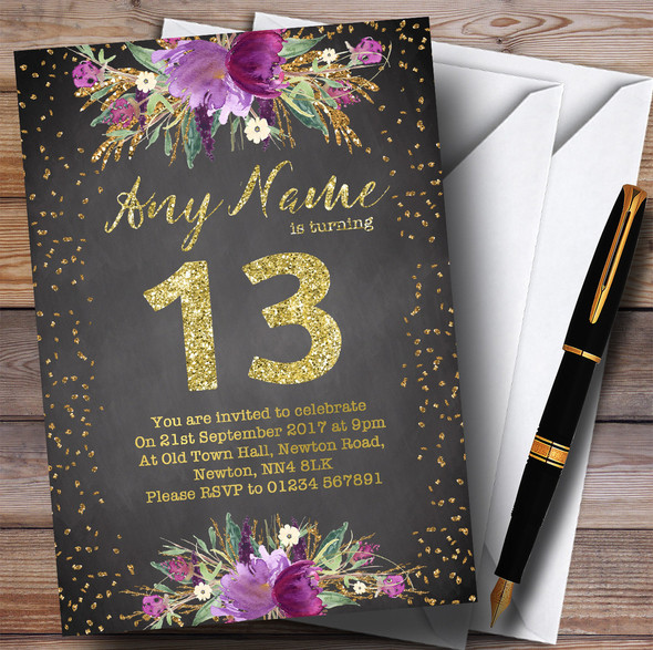 Chalk Watercolour Purple Gold 13th Personalised Birthday Party Invitations