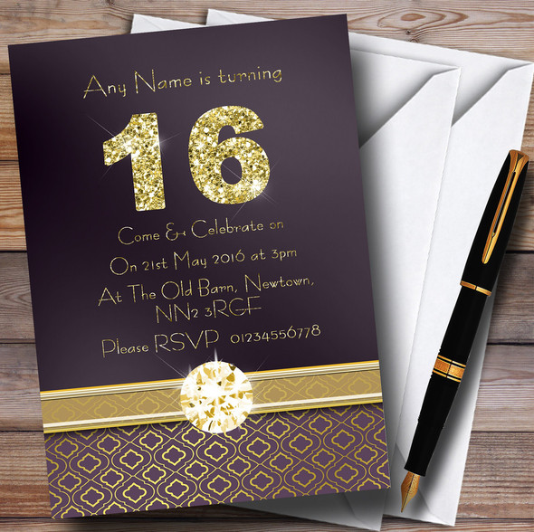 Purple Satin And Gold 16Th Personalised Birthday Party Invitations