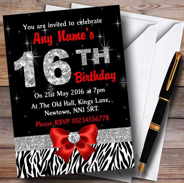 Red Diamond And Zebra Print 16Th Birthday Party Personalised Invitations