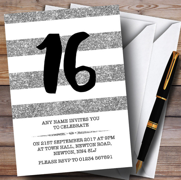 Glitter Silver & White Striped 16th Personalised Birthday Party Invitations