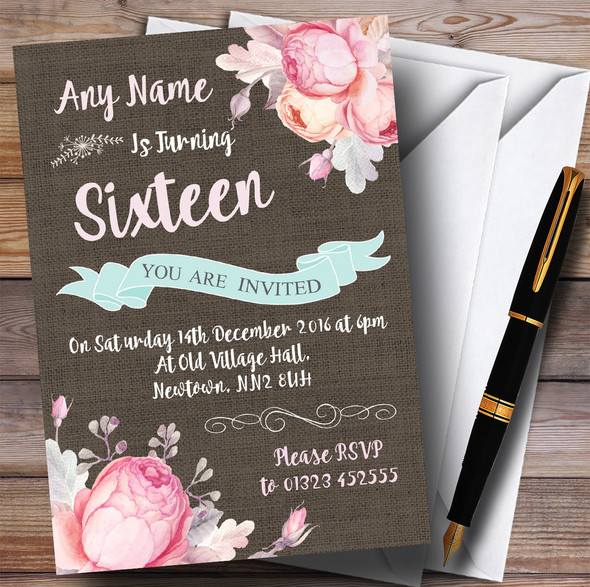 Vintage Burlap Style Floral 16th Personalised Birthday Party Invitations