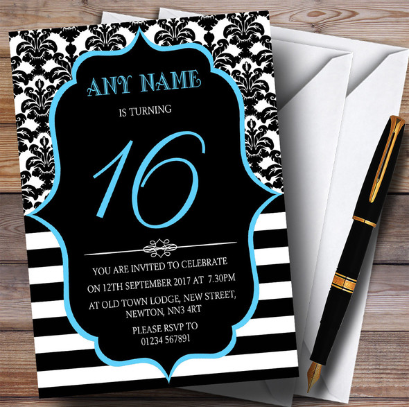 Vintage Damask Blue 16th Personalised Birthday Party Invitations
