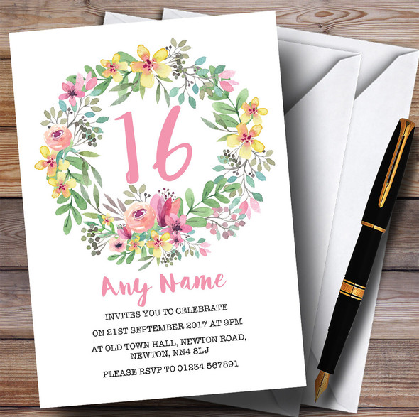 Watercolour Floral Wreath Pink 16th Personalised Birthday Party Invitations