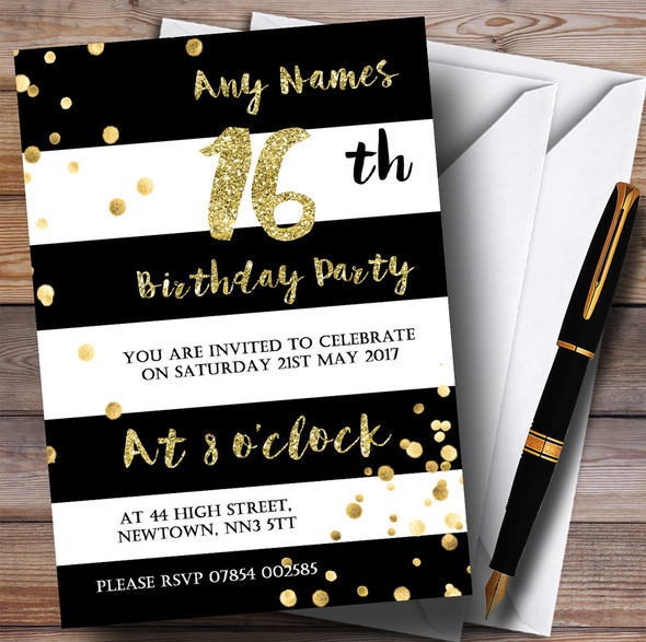 Black & White Stripy Gold Confetti 16th Personalised Birthday Party Invitations