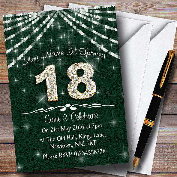 18Th Green & White Bling Sparkle Birthday Party Personalised Invitations