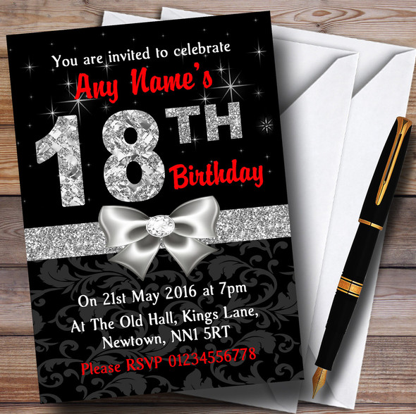 Red Black Silver Diamond 18Th Birthday Party Personalised Invitations