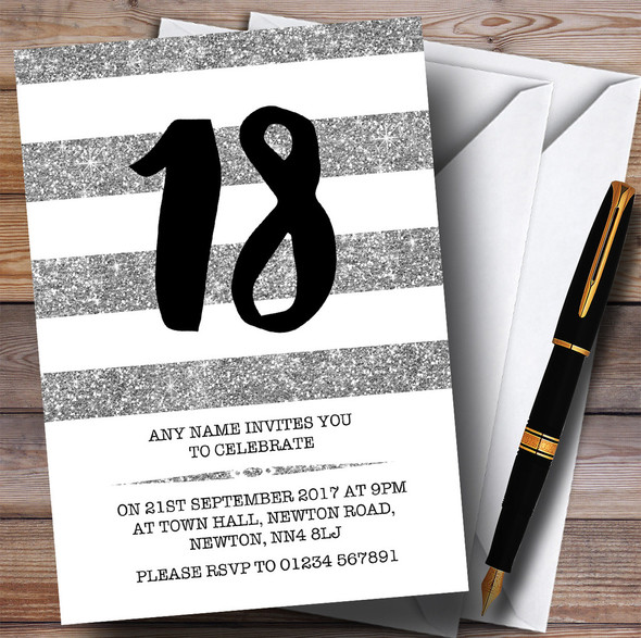 Glitter Silver & White Striped 18th Personalised Birthday Party Invitations