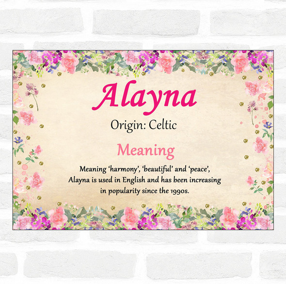 Alayna Name Meaning Floral Certificate