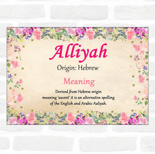Alliyah Name Meaning Floral Certificate