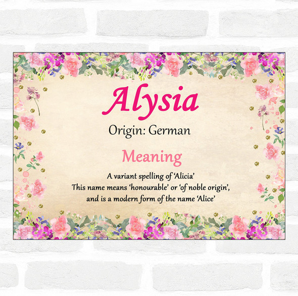 Alysia Name Meaning Floral Certificate