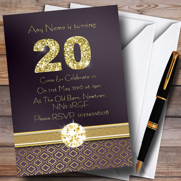 Purple Satin And Gold 20Th Personalised Birthday Party Invitations