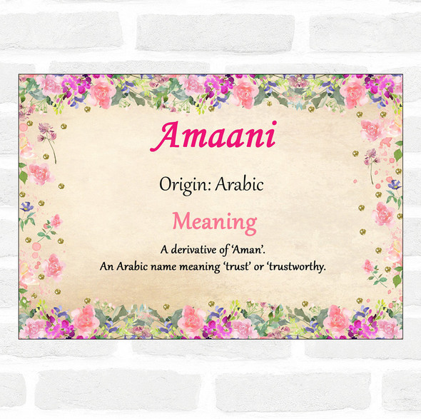 Amaani Name Meaning Floral Certificate