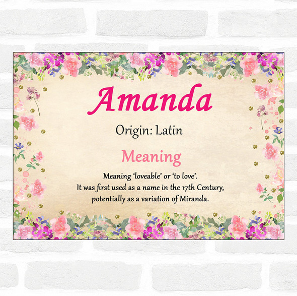 Amanda Name Meaning Floral Certificate