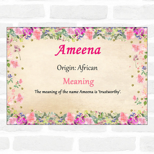 Ameena Name Meaning Floral Certificate
