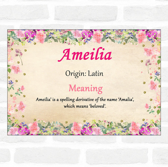 Ameilia Name Meaning Floral Certificate