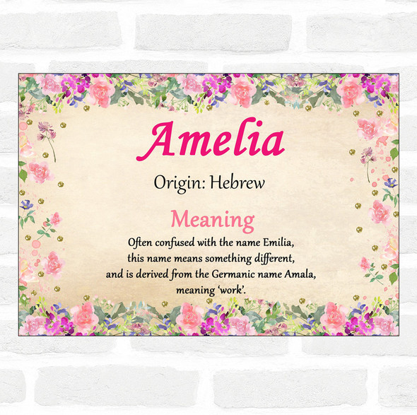 Amelia Name Meaning Floral Certificate