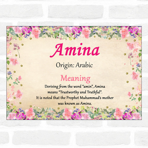 Amina Name Meaning Floral Certificate