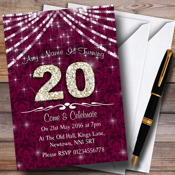 20Th  Cranberry & White Bling Sparkle Birthday Party Personalised Invitations