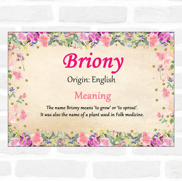 Briony Name Meaning Floral Certificate