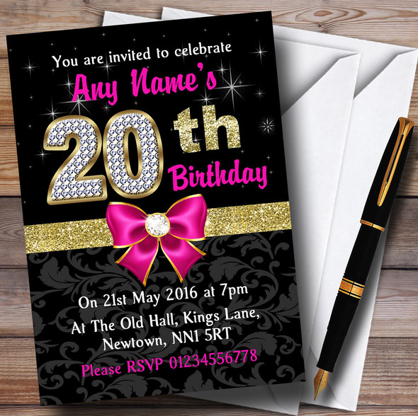 Pink Black Gold Diamond 20Th Birthday Party Personalised Invitations