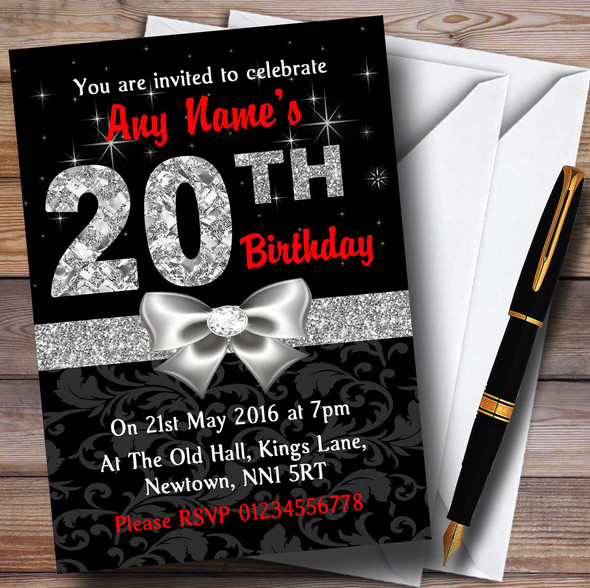 Red Black Silver Diamond 20Th Birthday Party Personalised Invitations