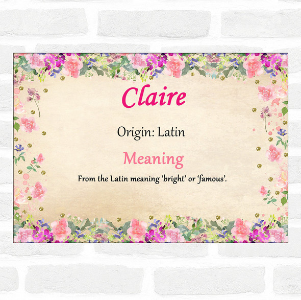 Claire Name Meaning Floral Certificate