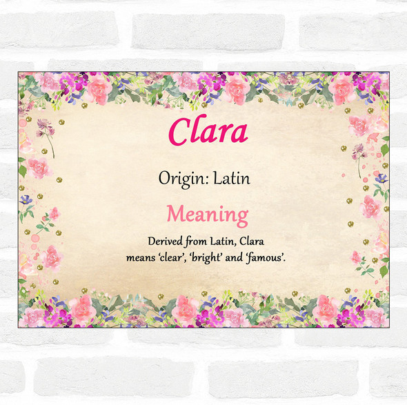 Clara Name Meaning Floral Certificate