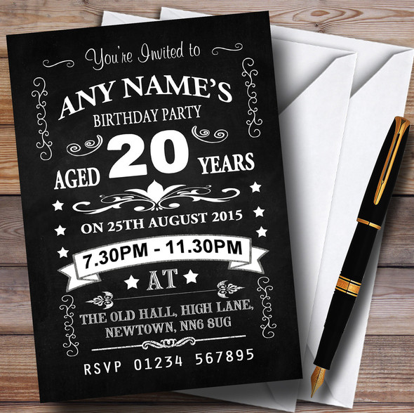 Vintage Chalkboard Style Black And White 20Th Birthday Party Personalised Invitations