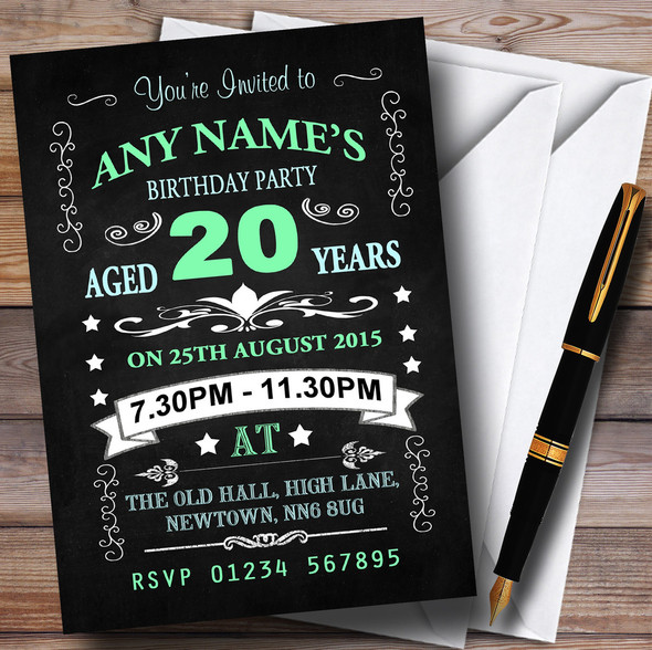 Vintage Chalkboard Style Green And Blue 20Th Birthday Party Personalised Invitations