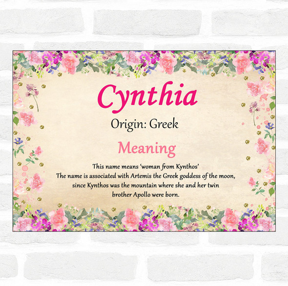 Cynthia Name Meaning Floral Certificate