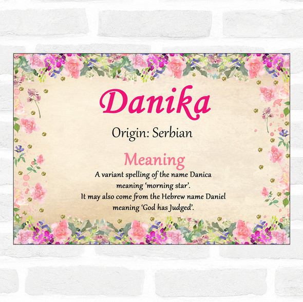 Danika Name Meaning Floral Certificate