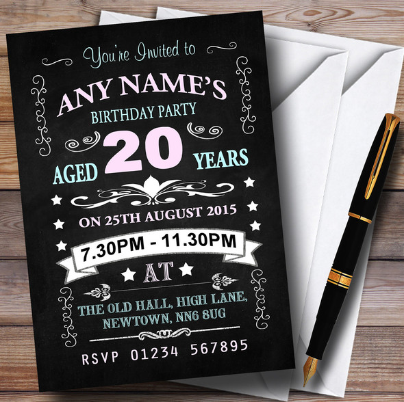 Vintage Chalkboard Style Pink And Blue 20Th Birthday Party Personalised Invitations