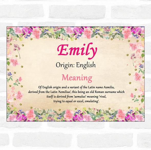 Emily Name Meaning Floral Certificate