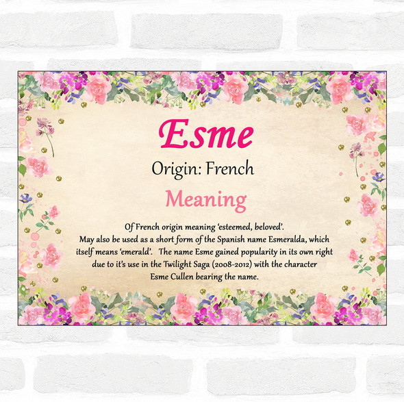Esme Name Meaning Floral Certificate