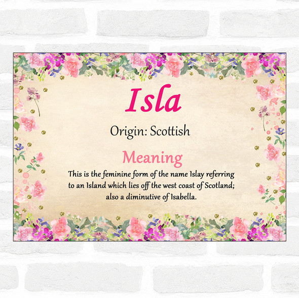 Isla Name Meaning Floral Certificate