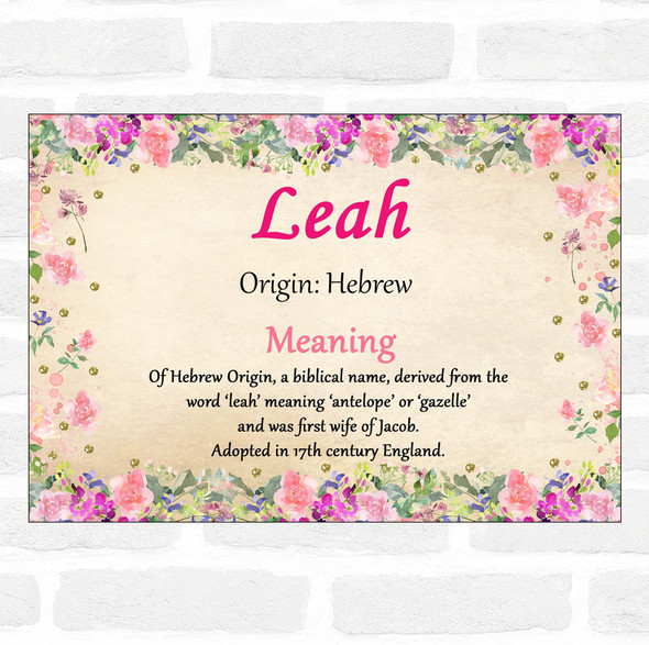 Leah Name Meaning Floral Certificate
