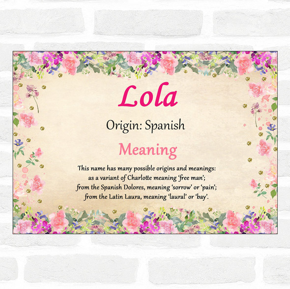 Lola Name Meaning Floral Certificate