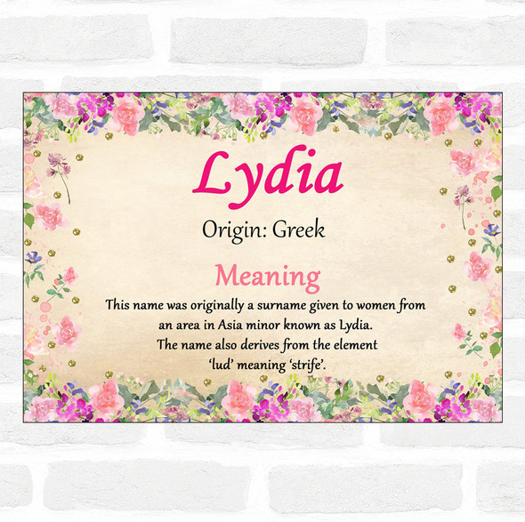 Lydia Name Meaning Floral Certificate