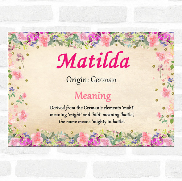 Matilda Name Meaning Floral Certificate