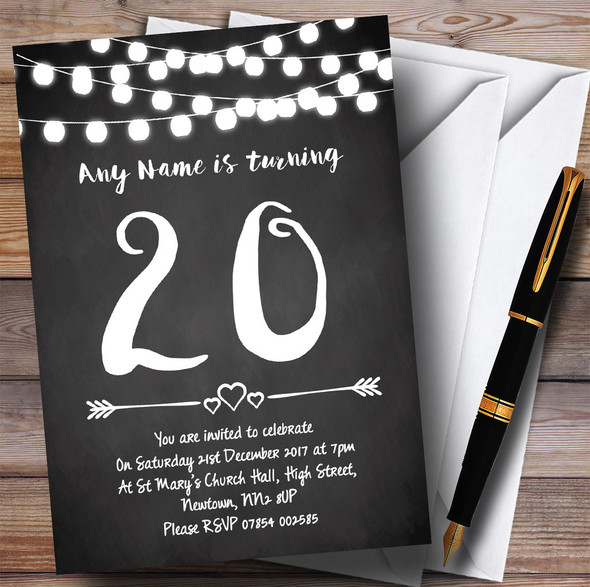 Chalk Style Lights 20th Personalised Birthday Party Invitations