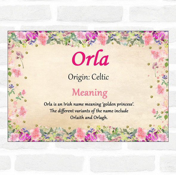 Orla Name Meaning Floral Certificate