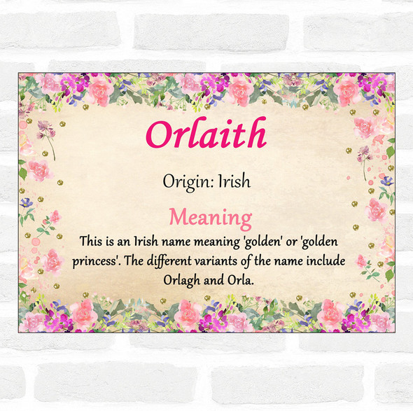 Orlaith Name Meaning Floral Certificate