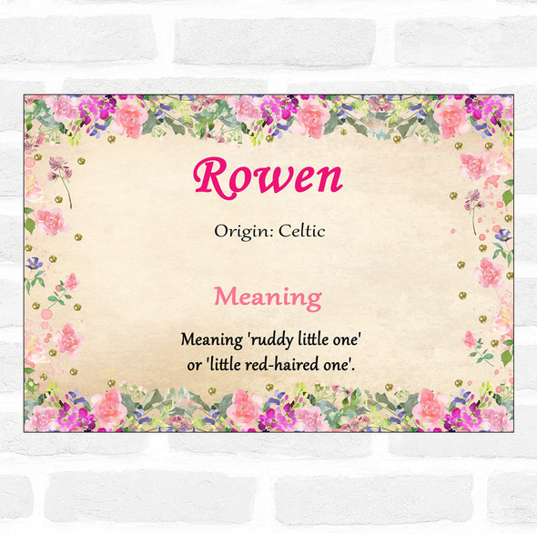 Rowen Name Meaning Floral Certificate