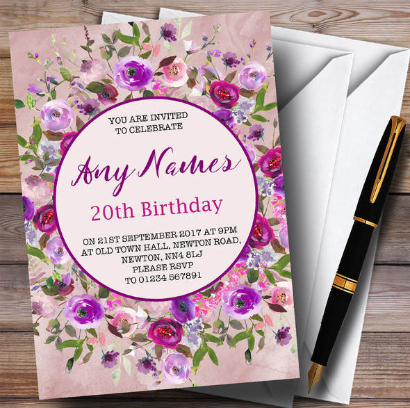 Pink & Purple Watercolour Floral 20th Personalised Birthday Party Invitations