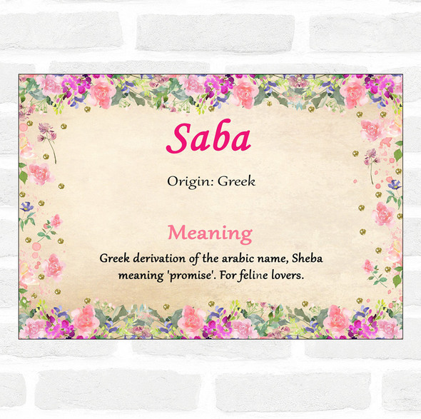 Saba Name Meaning Floral Certificate