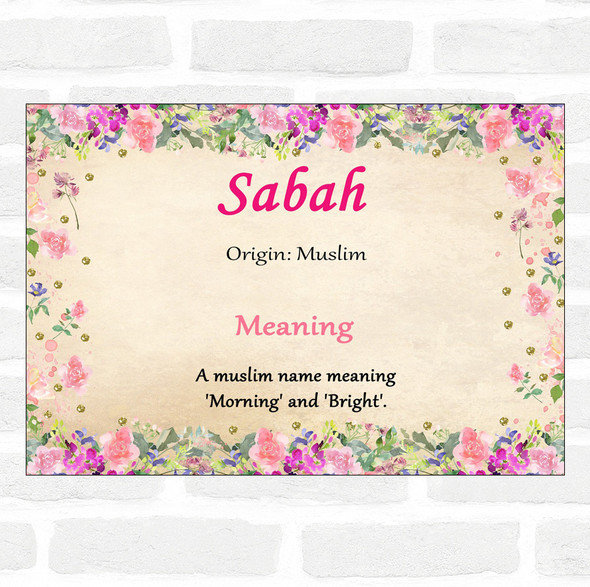 Sabah Name Meaning Floral Certificate