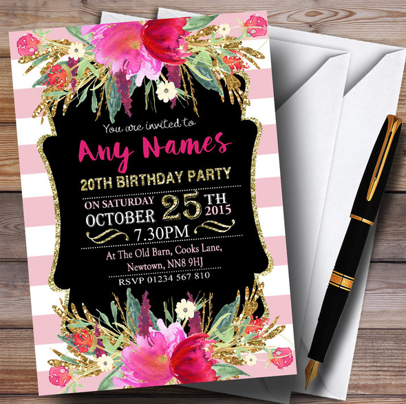 Pink & White Striped Floral 20th Personalised Birthday Party Invitations