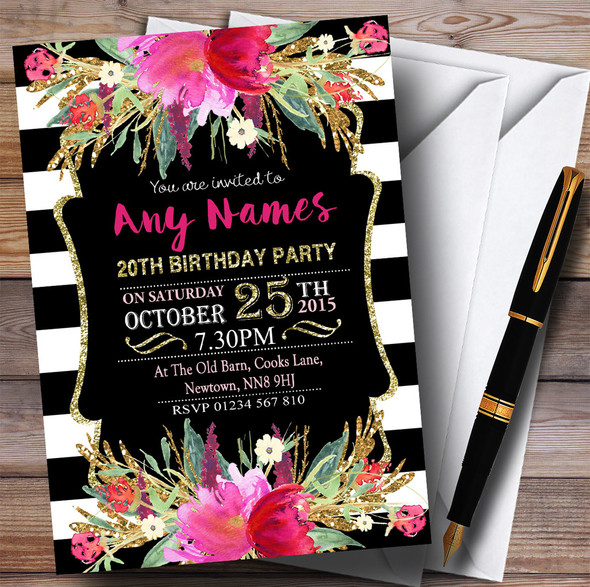 Pink Black & White Striped Floral 20th Personalised Birthday Party Invitations
