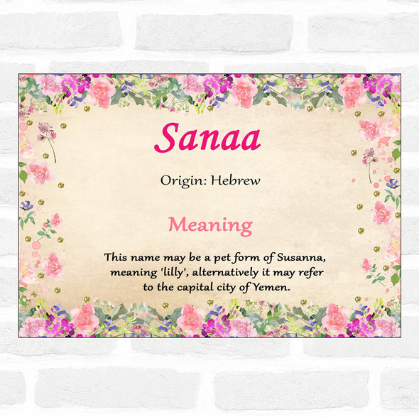 Sanaa Name Meaning Floral Certificate